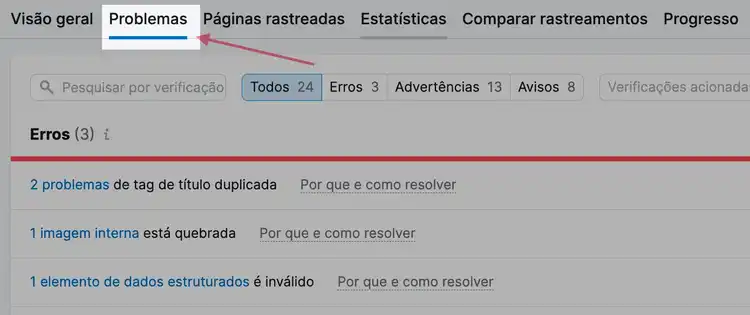 guia de problemas de auditoria do site