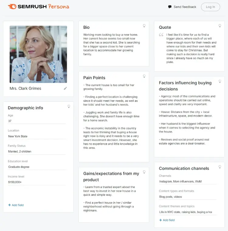 Uma persona de comprador criada com o modelo gratuito da ferramenta Persona do Semrush.