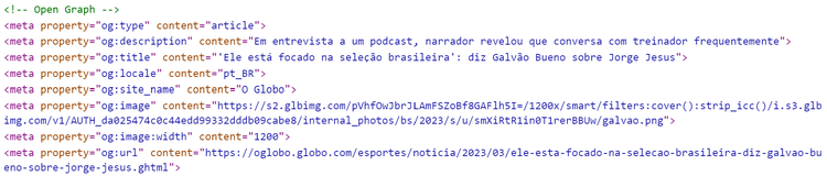 open graph no código fonte da página