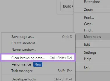 "Clear browsing data" (Limpar dados de navegação) selecionado no menu
