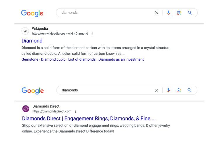 Resultados da SERP do Google para a palavra-chave "diamantes"