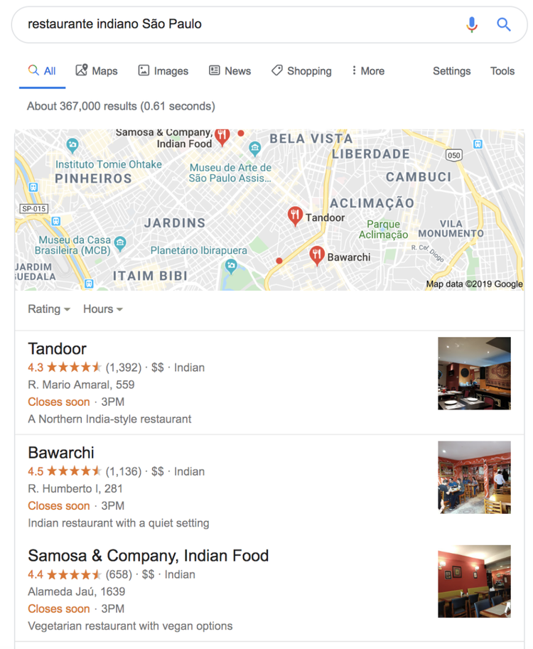Google Maps: resultados de restaurantes indianos em São Paulo com avaliações e fotos