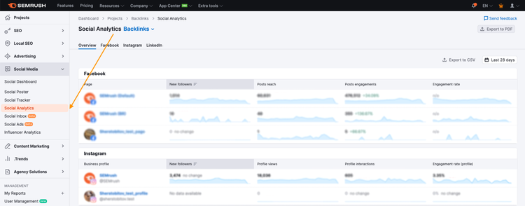 Social Analytics no Menu Esquerdo da Plataforma Semrush