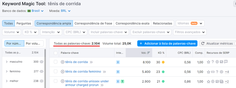 total de palavras-chave na ferramenta keyword magic tool