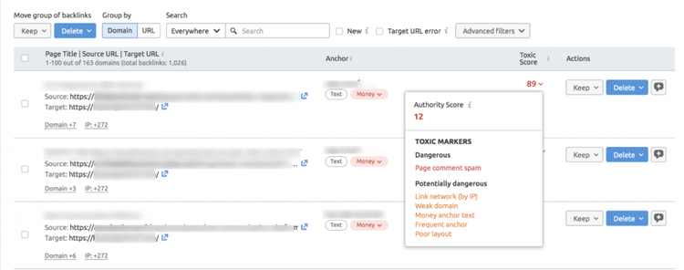 SEMrush: lista de backlinks com marcadores de toxicidade e scores de autoridade