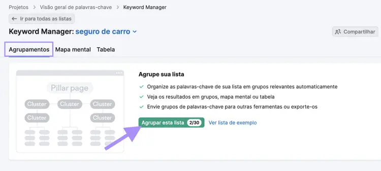 Botões "Agrupamentos" e "Agrupar esta lista" destacados