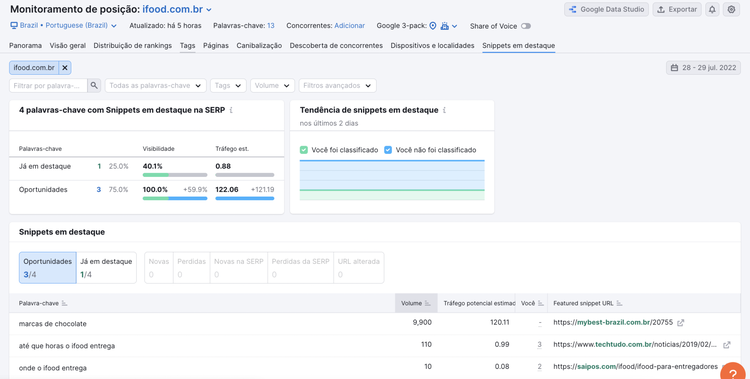 Relatório de snippets em destaque - Ferramenta Monitoramento de Posição