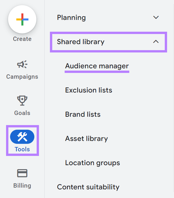 Navegando até "Gerenciador de público-alvo" na conta do Google Ads.
