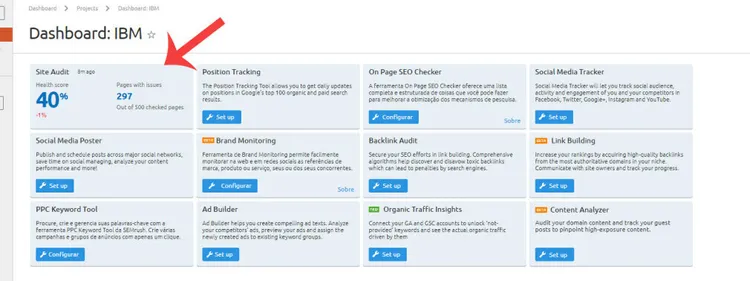 SEMrush: dashboard para IBM com Site Audit 40% e várias ferramentas de análise