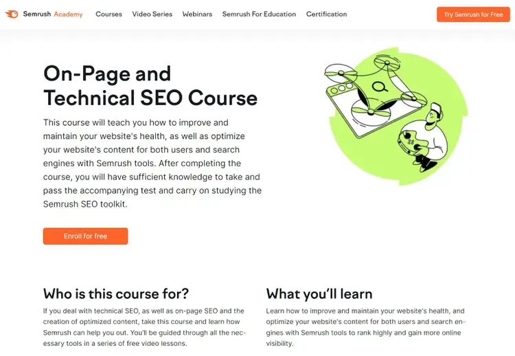 Página de destino do curso de SEO técnico e na página