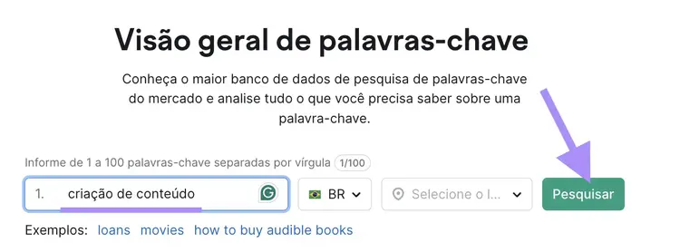 Barra de pesquisa da Visão geral de palavras-chave com a palavra-chave "criação de conteúdo" e o botão "pesquisar" em destaque