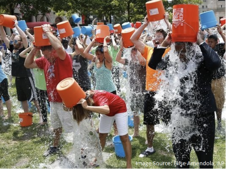 Ice bucket challenge participants pouring water over their heads in group setting
