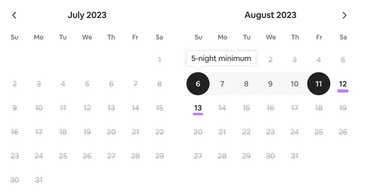 Um exemplo de calendário do Airbnb mostrando a opção de estadia "mínima de 5 noites"