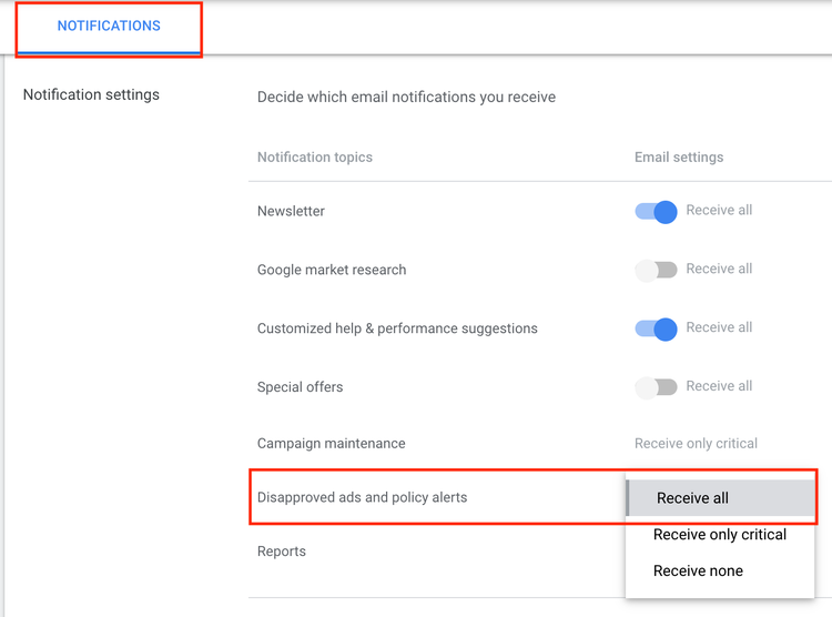 Interface de preferências de notificações do Google Ads