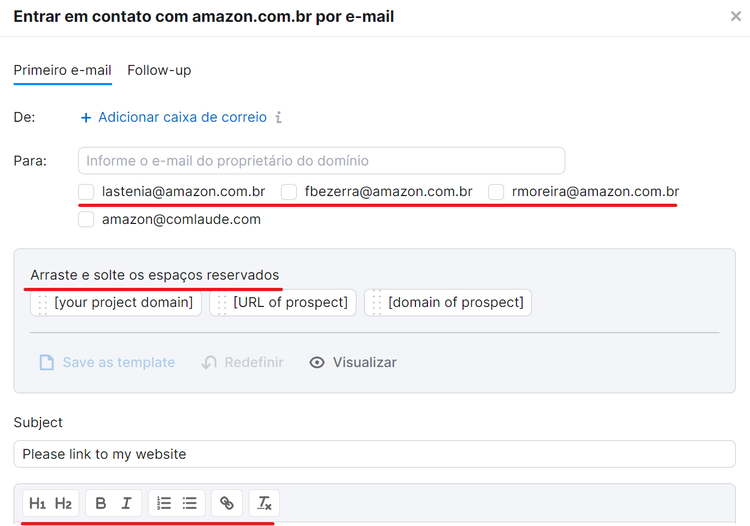 detalhes do e-mail padrão