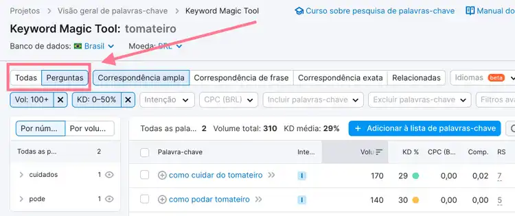 filtro de perguntas - keyword magic tool