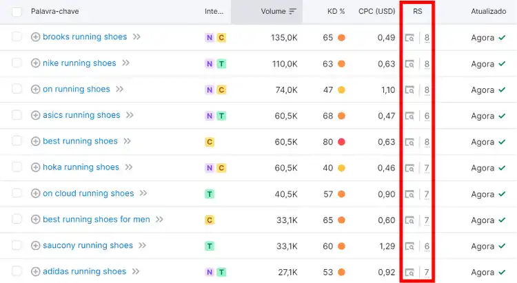 Recursos SERP na ferramenta Keyword Magic