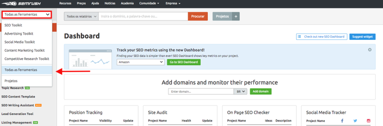 Dashboard Semrush mostrando menu lateral com ferramentas de SEO e rastreamento