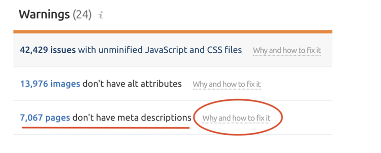 Site Audit warnings showing 42,429 unminified JS/CSS issues and 7,067 missing meta descriptions