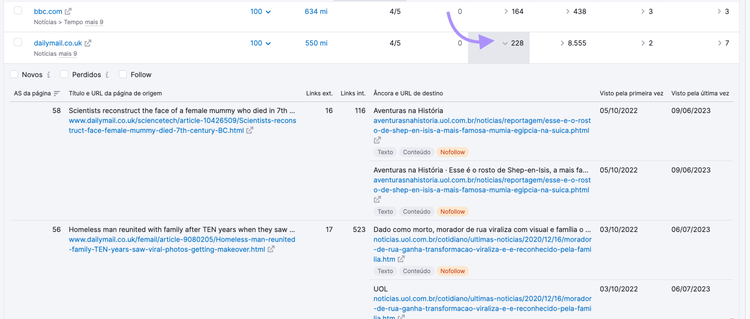 Navegação para mais informação sobre cada backlink
