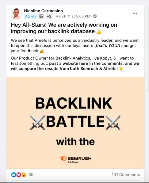 Community post about backlink database improvement with Backlink Battle graphic