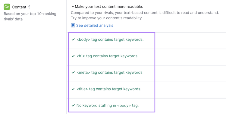 resultados na ferramenta On Page SEO Checker mostrando que a página está otimizada para as palavras-chave alvo