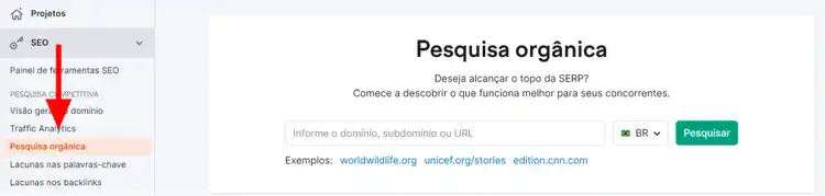 ferramenta pesquisa orgânica no menu lateral da semrush