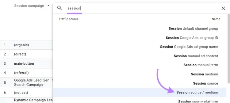 "Session source / medium" selecionado na lista