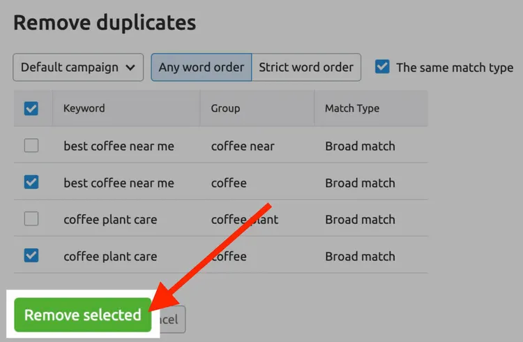 remove selected button