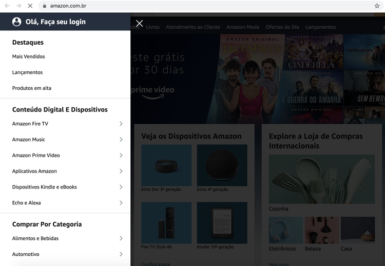 Amazon.com.br sidebar menu showing login section and product category groupings
