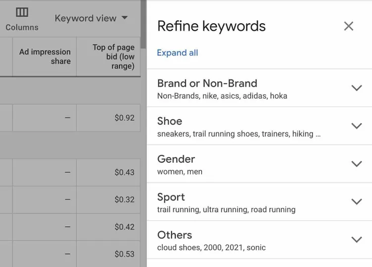 coluna refine keywords