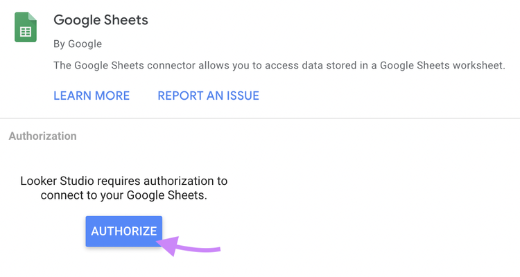 Conectando o Google Sheets ao Looker Studio com o botão "autorizar" destacado