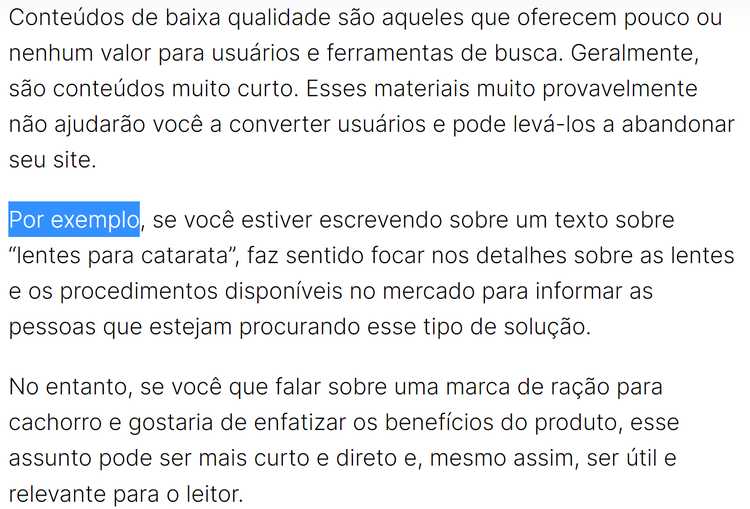 Texto explicativo sobre conteúdo de baixa qualidade e como evitar