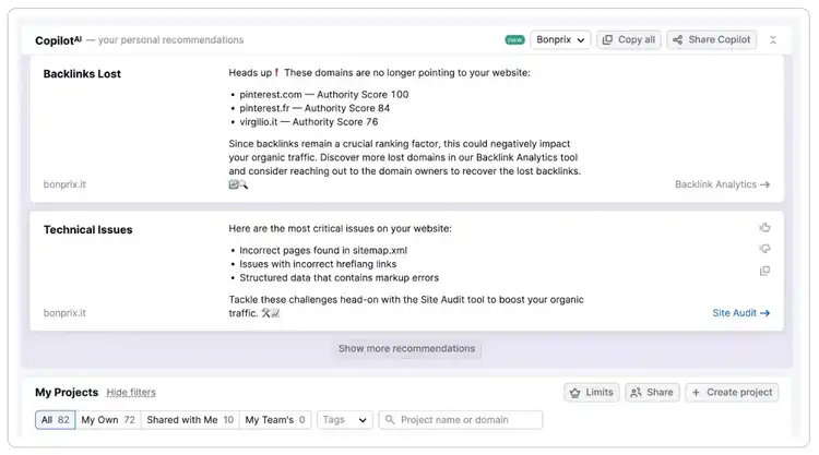 Visualizando sugestões no Semrush Copilot