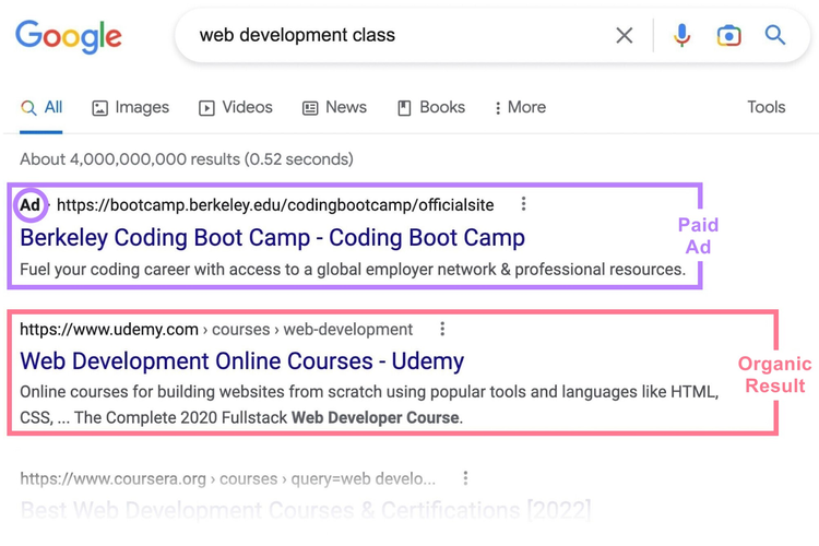 Página de resultados do Google para "aula de desenvolvimento web" mostrando um anúncio do Barkly Coding Boot Camp