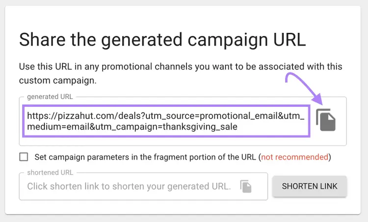 Um campo de URL de campanha gerado