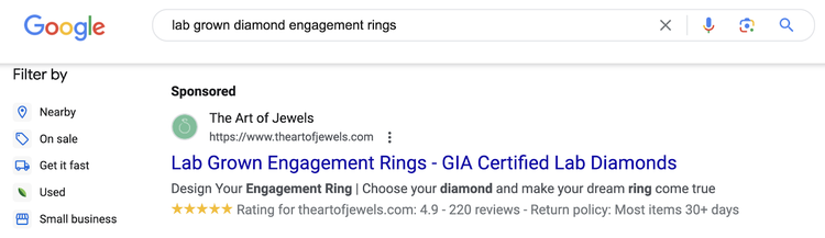 SERP do Google da palavra-chave "anéis de noivado com diamantes criados em laboratório"
