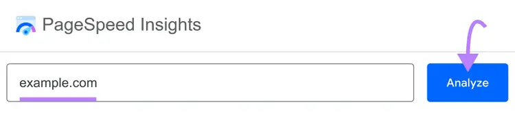 Seta apontando para o botão "Analisar" no PageSpeed Insights após inserir a URL.