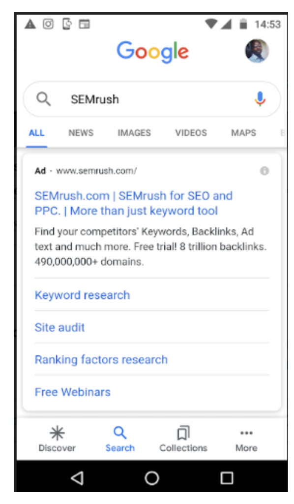 Google busca móvel Semrush resultado anúncio com sitelinks e descrição