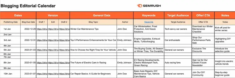 Um exemplo de calendário de conteúdo de blog