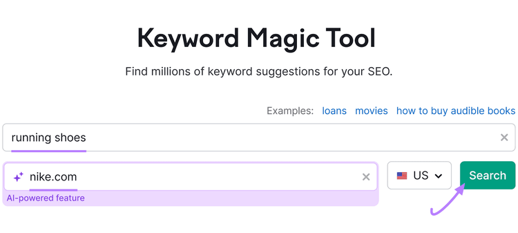 Interface do usuário da Keyword Magic Tool mostrando entradas de pesquisa para "tênis de corrida" e "nike.com".