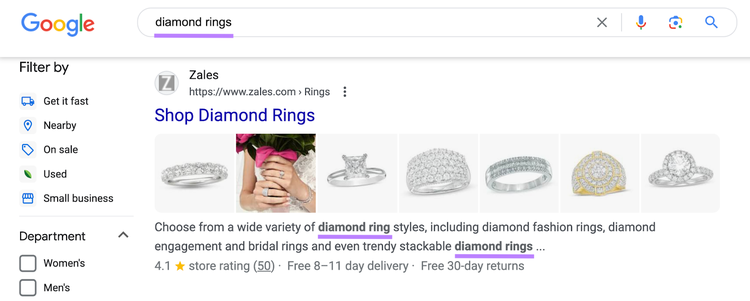 Google mostrando a página da Zales como o principal resultado da SERP da palavra-chave "anéis de diamante"