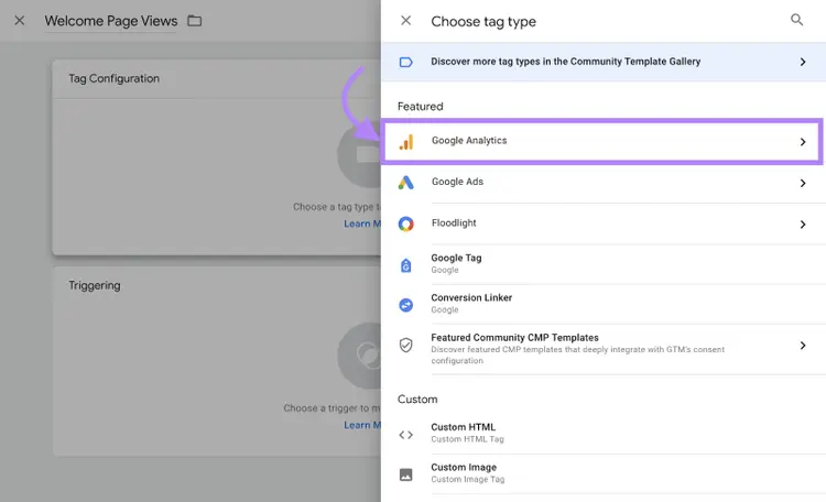"Google Analytics" selecionado no menu "Choose tag type" (Escolher tipo de tag)