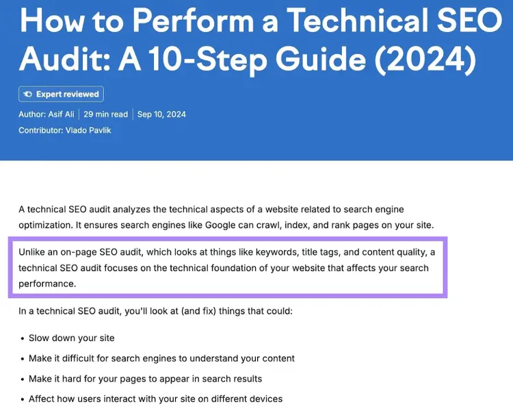 Uma postagem de blog no Semrush com um parágrafo que destacava uma possível solução para uma consulta de ramificação (fan-out query).