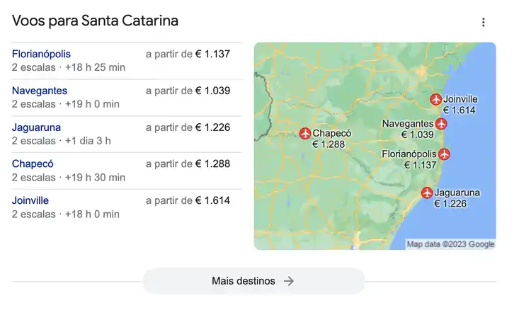 Recurso de SERP básico do Google Flights