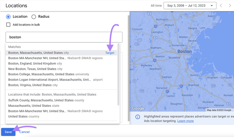 exemplo de definir Boston como a localização que você gostaria de direcionar com seus anúncios