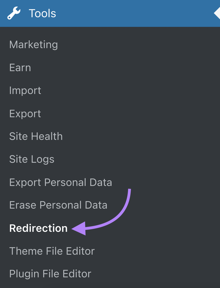 Botão “Redirecionamento” destacado na seção “Ferramentas” do menu