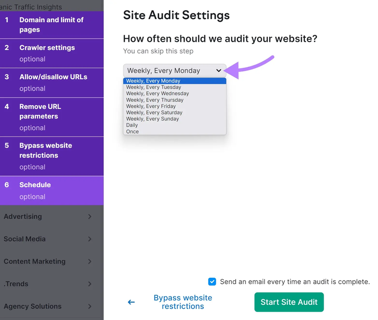 As opções de agendamento da Auditoria do site incluem semanal para qualquer dia da semana, diário ou uma vez