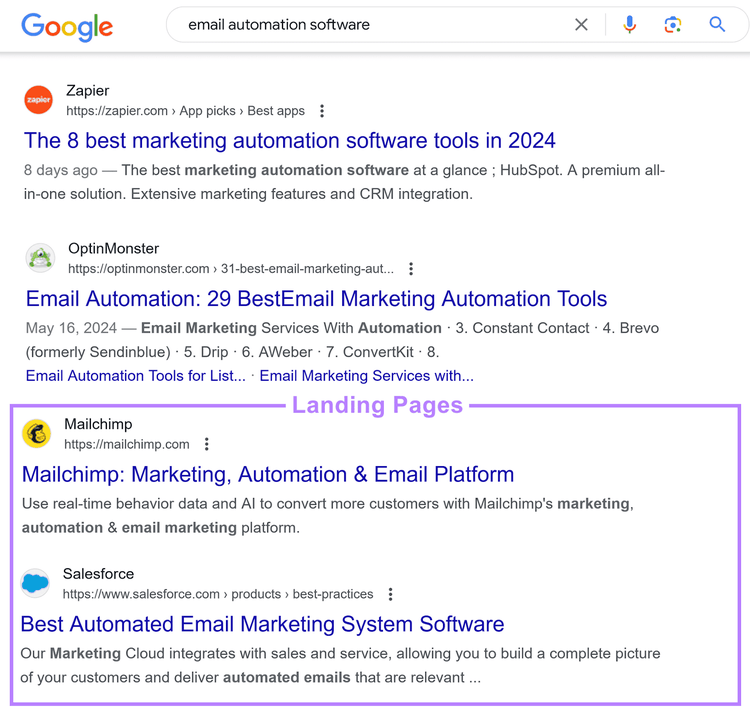 Página de resultados de pesquisa do Google, mostrando duas páginas destacadas em uma seção "Landing Pages".