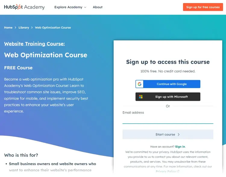 Otimização do site Página de destino do curso